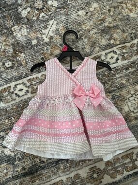 Bonnie Baby Pink and White Striped Polka Dot Bow Dress